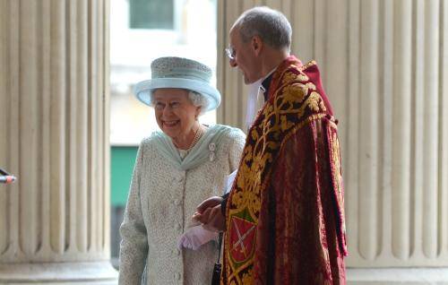 The Dean of St Paul's Cathedral greets Her Majesty the Queen on the steps of St Paul's Cathedral for her Diamond Jubilee service