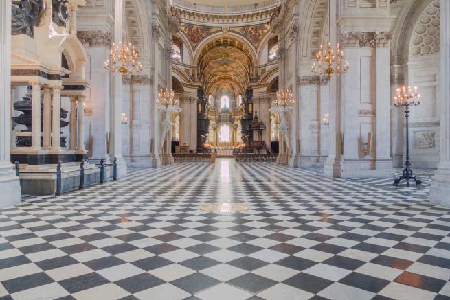 the nave with bright light through windows