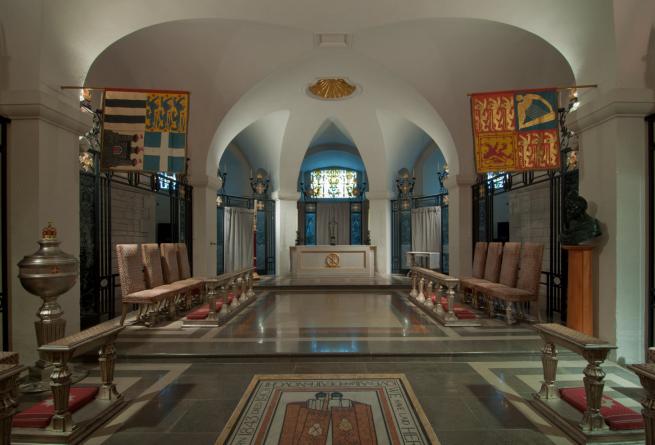 the obe chapels with banners and light through window