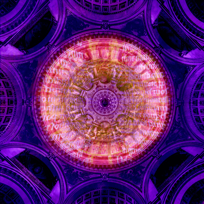 a photo of the interior of the dome taken from the cathedral floor, overlayed with artistic projections and a purple light