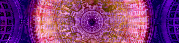 a photo of the interior of the dome taken from the cathedral floor, overlayed with artistic projections and a purple light