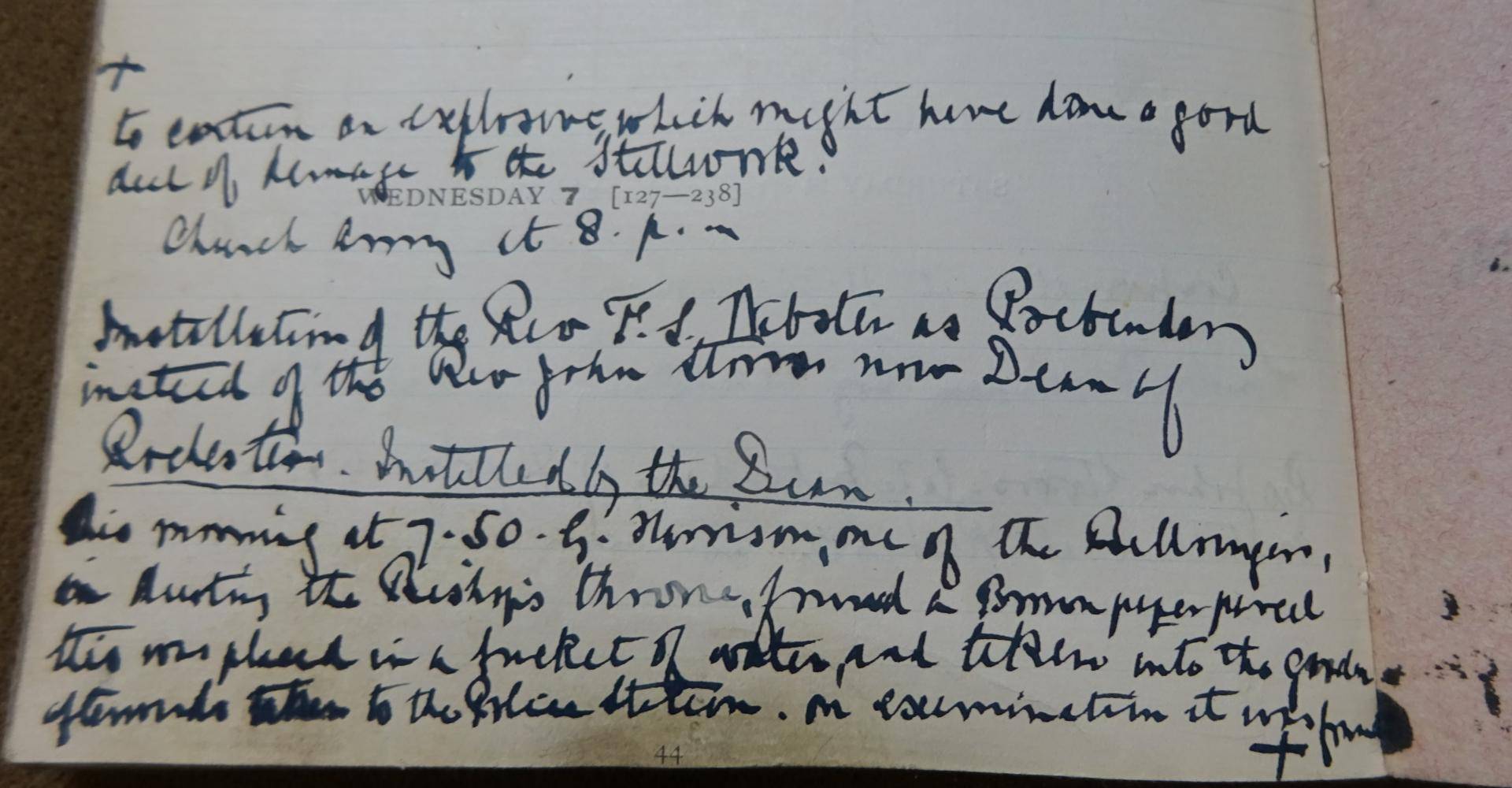 Entry from the Virger’s Diary, 7 July 1913, describing the discovery of an explosive device beneath the Bishop’s Throne (Ref. No. LRat/126)