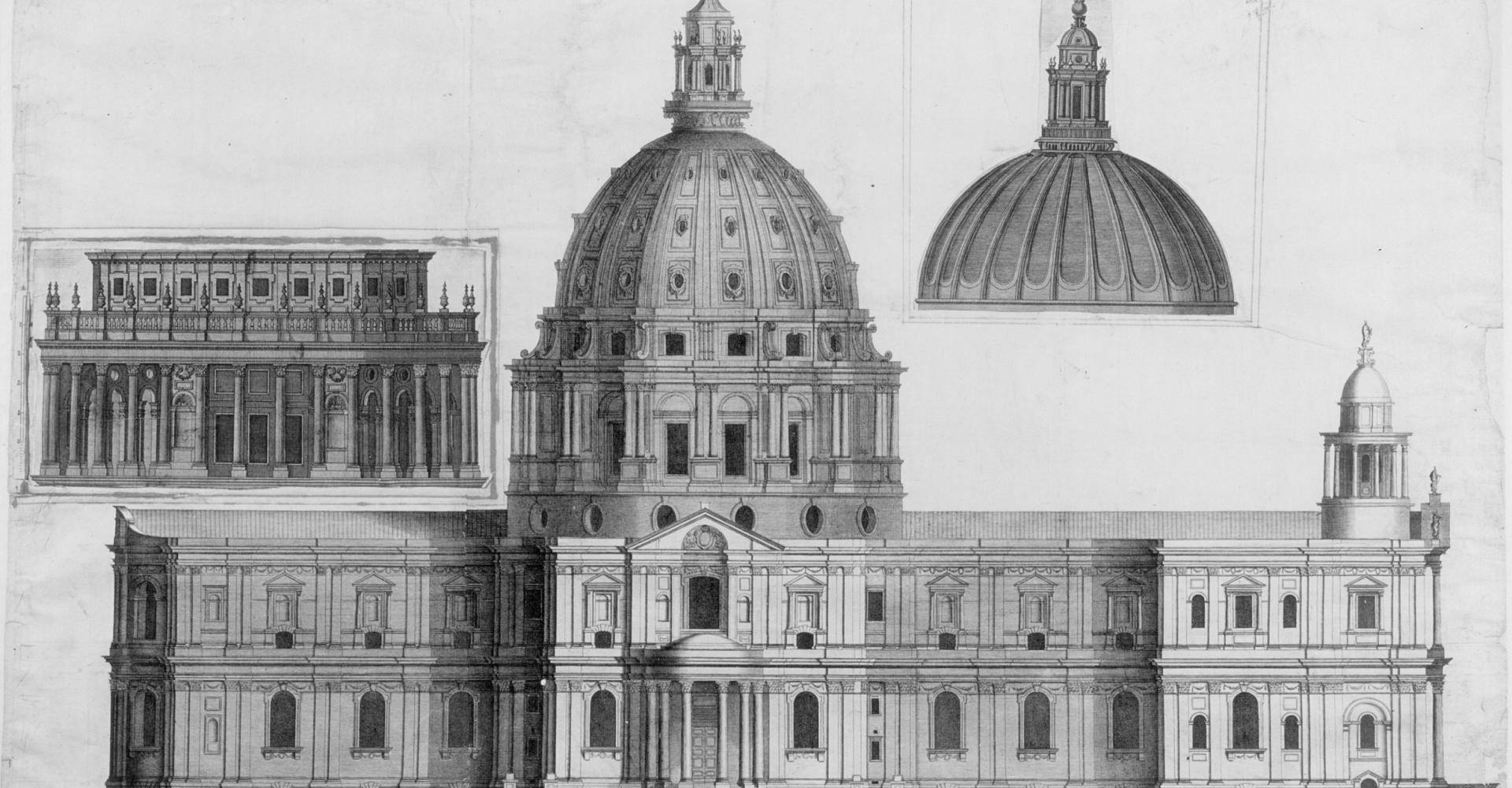 Fig. 1. Engraving of the north elevation, probably by Simon Gribelin, c.1687–88, with cut-outs from a later engraving of the finished dome (St Paul’s Cathedral, SP105)