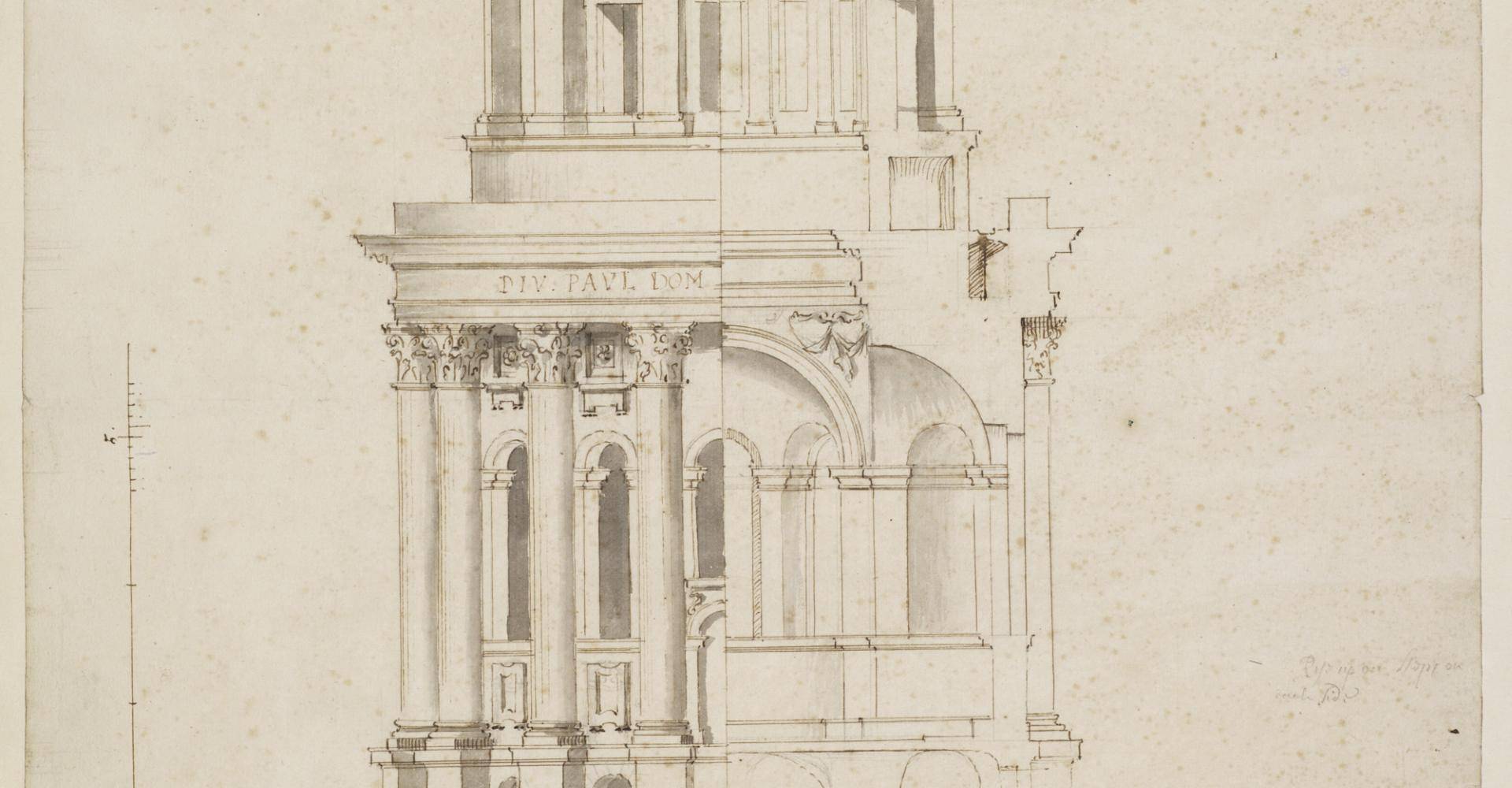 Fig. 3. Study by Hawksmoor in half-elevation, section and plan, for a mausoleum-like rotunda on the west side of the piazza, c.1696–97 (WRE/7/1/3)