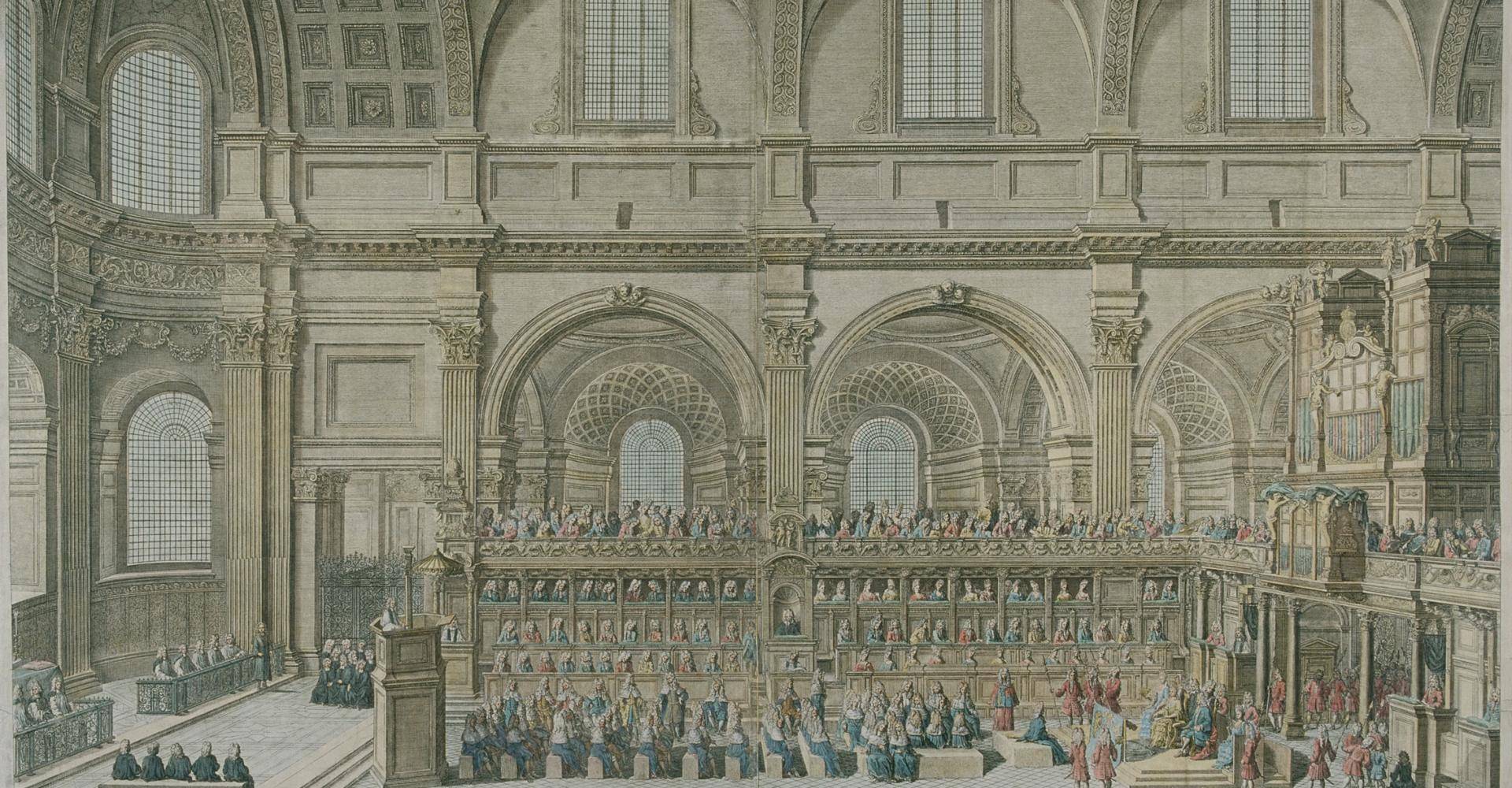 Fig. 6. Robert Trevitt's engraved view of the choir at a thanksgiving service attended by Queen Anne, 31 December 1706 (© City of London, London Metropolitan Archives)