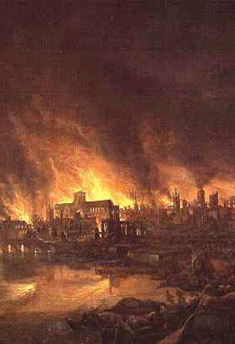 An image of London during the Great Fire with the old cathedral in the centre