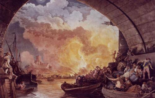 A painting of people getting onto boats during the fire with the city burning in the background