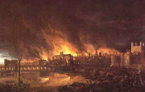 An image of London during the Great Fire with the old cathedral in the centre