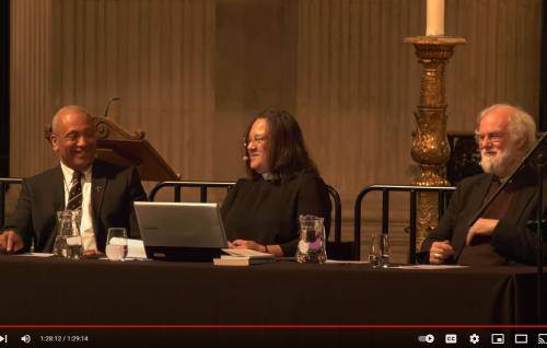 John Swinton, Rowan Williams and Tricia Hillas on stage at St Paul's Cathedral