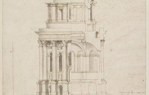 Fig. 3. Study by Hawksmoor in half-elevation, section and plan, for a mausoleum-like rotunda on the west side of the piazza, c.1696–97 (WRE/7/1/3)