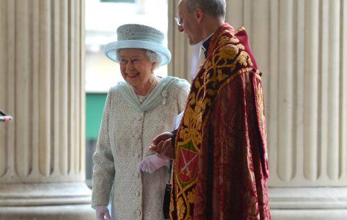 The Dean of St Paul's Cathedral greets Her Majesty the Queen on the steps of St Paul's Cathedral for her Diamond Jubilee service