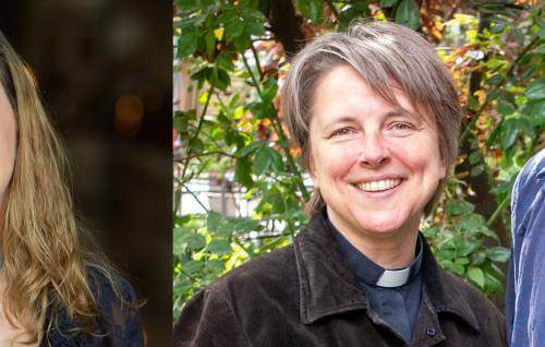 The photograph shows Paula Gooder and Lucy Winkett, alongside each other in separate photographs.  Paula Gooder is a white woman with long wavy blond hair wearing a blue necklace and dark blue jacket. Lucy Winkett is a white woman with short brown hair wearing a clerical collar in a dark blue shirt and a dark grey jacket.