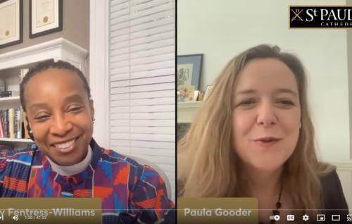 A screen shot of Judy Fentress-Williams, a black woman black hair tied back, wearing a clerical collar and a brightly patterned top and sitting in front of a bookcase and window with white wooden blinds, and Paula Gooder, a white woman with long blond hair sitting beside a pale painted wall with a corner of a fireplace behind her.