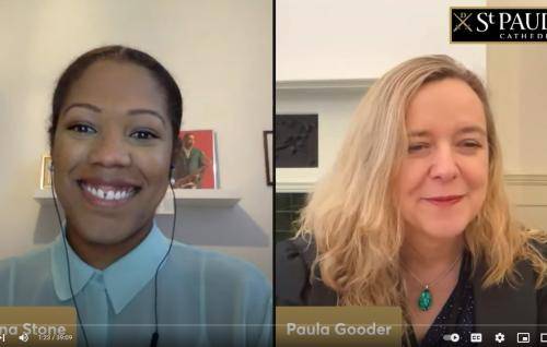 Selina Stone, a black woman with long hair tied back wearing a pale blue blouse, and Paula Gooder, a white woman with long blond hair wearing a dark suit jacket, on screen together in conversation,