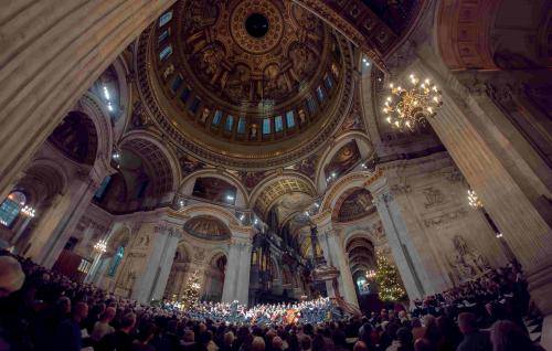 A view of the Cathedral dome looking up during a performance of Handel's Messiah