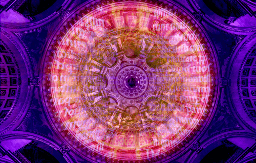 a photo of the interior of the dome taken from the cathedral floor, overlayed with artistic projections and a purple light