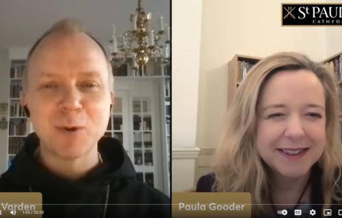 a screenshot of Paula Gooder and Erik Varden in an online coversation